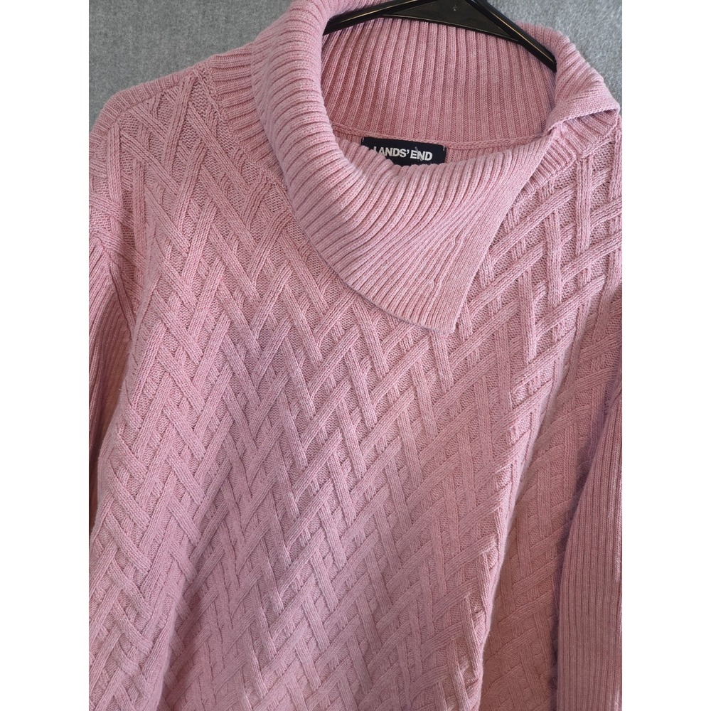 Lands End Sweater Womens XL Pink Pullover Basket Weave Split Collar Cottagecore